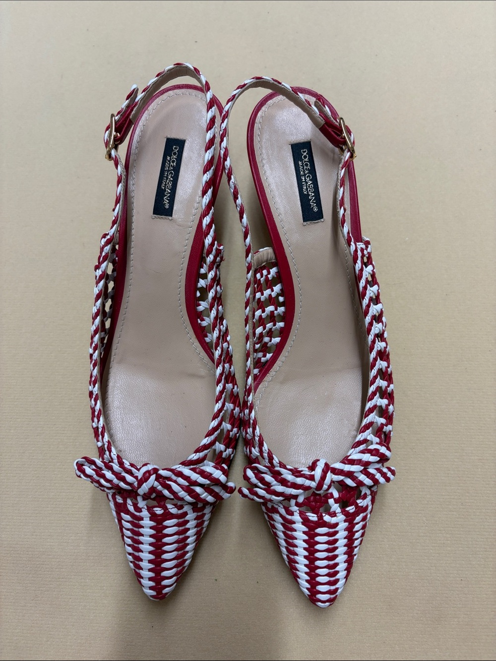 Dolce & Gabbana Red and White Braided Slingback Pumps